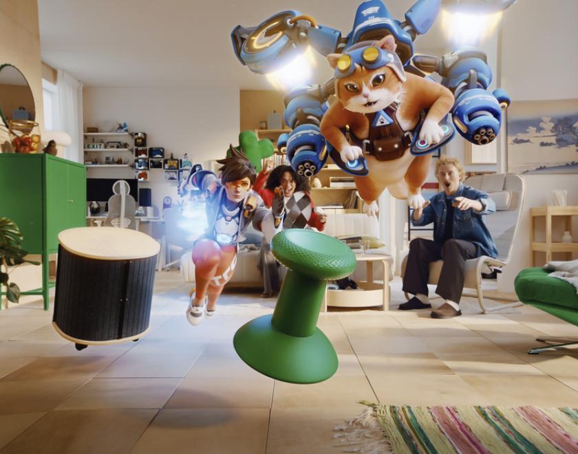 A livingroom with XBOX characters jumping towards the new IKEA XBOX collection