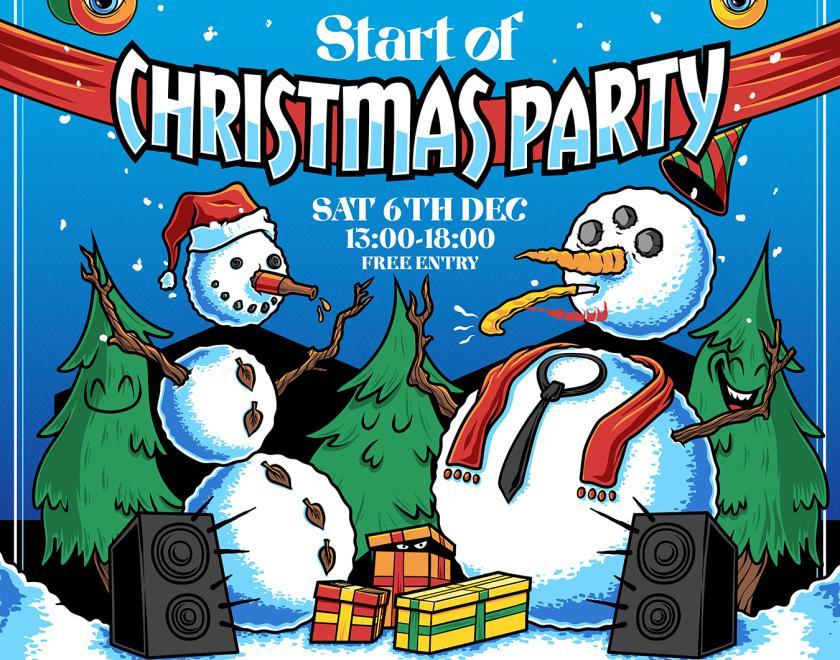 cartoon image of snow people, Christmas trees and presents