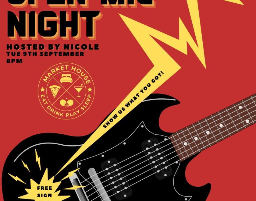 Red poster for Open Mic Night, Tuesday 9th September, 8PM at Market House Reading, with guitar graphic and free sign-up.