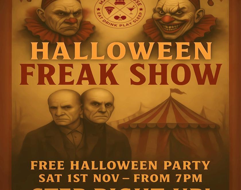 Poster for a Halloween Freak Show with creepy clowns and eerie figures promoting a free Halloween party.