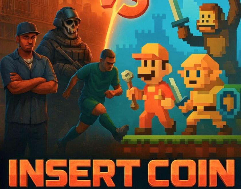 "Insert Coin for Trivia: Video Game Quiz Night" at Market House. The graphic is a split screen, with realistic military/Warzone characters on the left and 8-bit, pixelated Mario and Link-style characters on the right. The quiz is on 25th November at 8 PM, with £3 entry, and the winner gets a £100 Games Voucher.