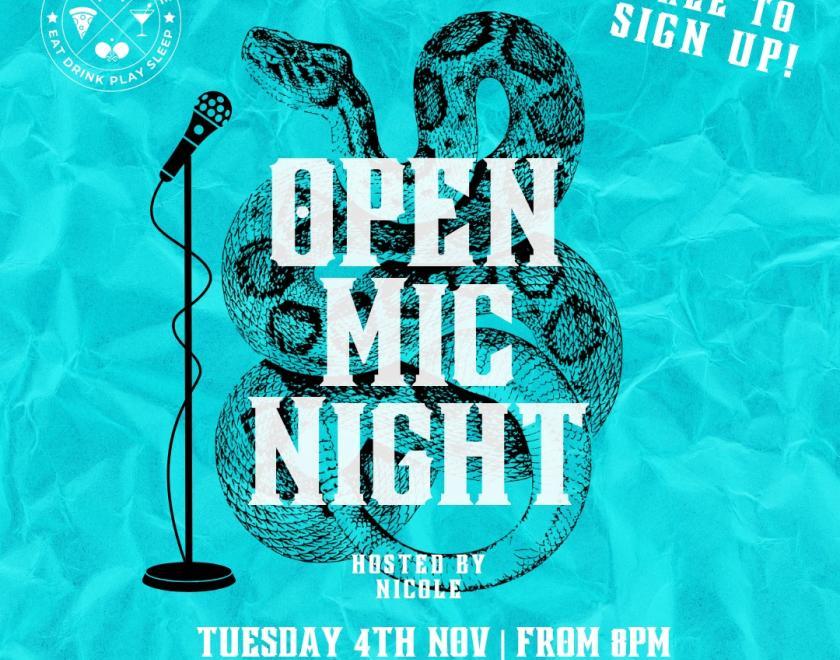 A teal-colored promotional poster for an "Open Mic Night" hosted by Nicole at Market House. It features a microphone next to a graphic of a coiled snake. The event is on Tuesday, November 4th from 8 PM and is free to sign up