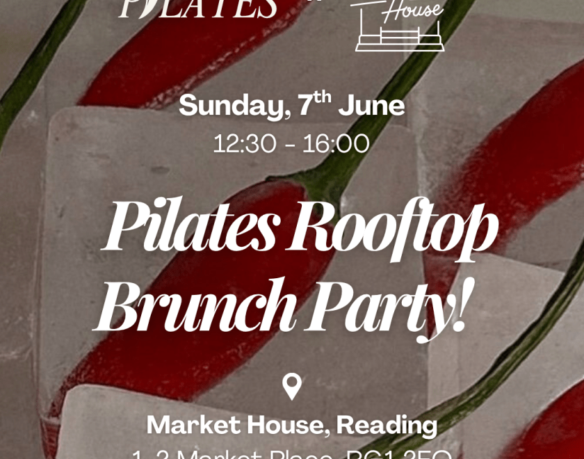 Poster for a “Pilates Rooftop Brunch Party” with chili peppers in ice; Sunday 7th June, 12:30–16:00 at Market House, Reading