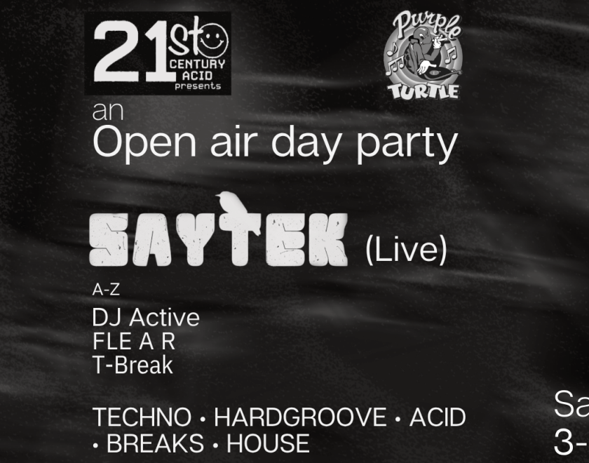 21st century acid presents Saytek, DJ Active, FLEAR, T-Break. Cartoon of man on dj decks