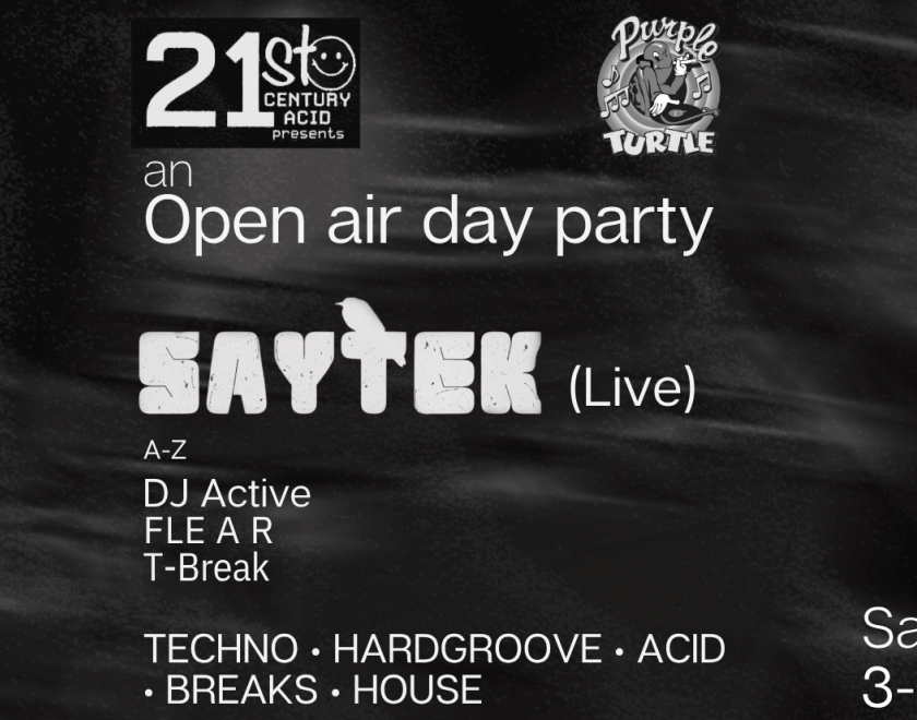 21st century acid presents Saytek, DJ Active, FLEAR, T-Break. Cartoon of man on dj decks