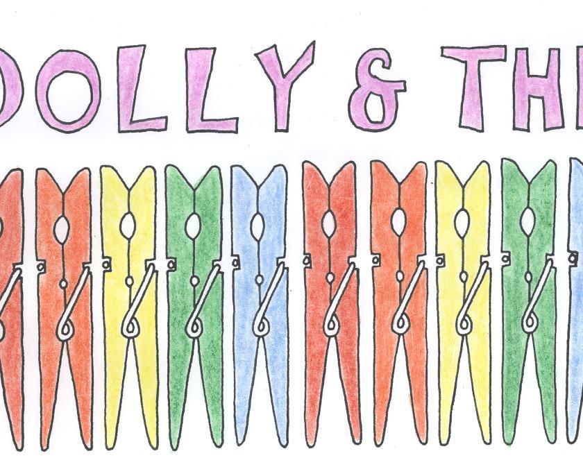 band logo with drawn writing "Dolly & the" above a row of multicoloured hand-drawn clothespegs