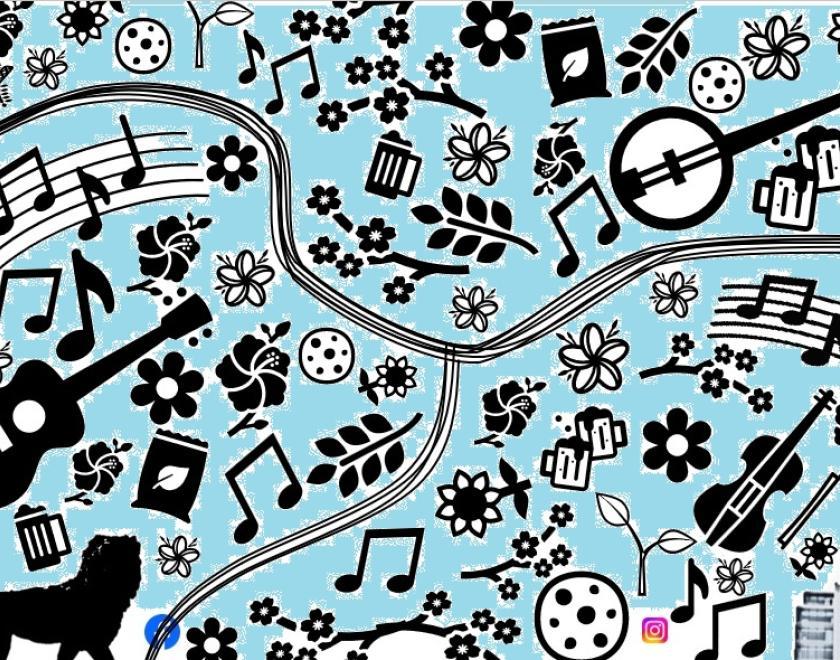 Images of musical instruments and notes, flowers and images related to Reading: the Maiwand Lion, biscuits, seeds, glasses of beer and The Blade. Running through the centre is the shape of the two rivers running through Reading, the Thames and the Kennet. The images are black on a white background, with light blue colouring in.