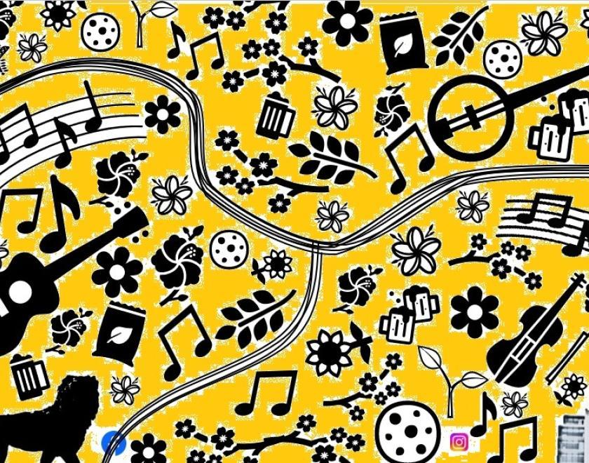Images of musical instruments and notation and flowers, with images related to Reading: the Maiwand Lion, seeds, biscuits, glasses of beer and The Blade. The images are black on a white background coloured in yellow.