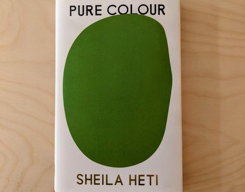 book cover - pure colour by Sheila Heat. Text with a green oval.