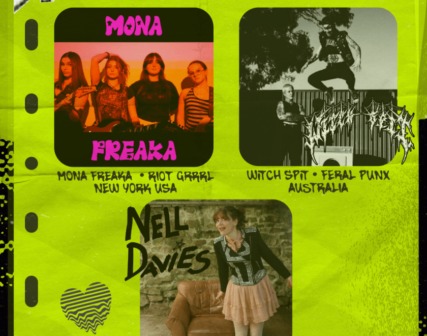 Poster for International Femme Rock Fest at The Purple Turtle Reading on 3 August 2026, 8 PM. Featuring Mona Freaka (riot grrrl, New York), Witch Spit (feral punk, Australia) and Nell Davies (bubblegum punk, UK). Neon green DIY punk-style design with artist photos and Purple Turtle branding.