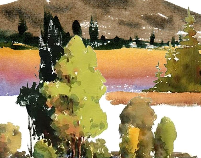 Watercolour painting of trees and fields by the water