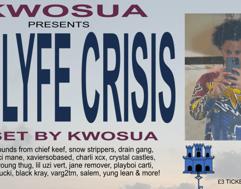 Poster for 1/4 LYFE CRISIS event with a photo of a black man taking a selfie in the mirror