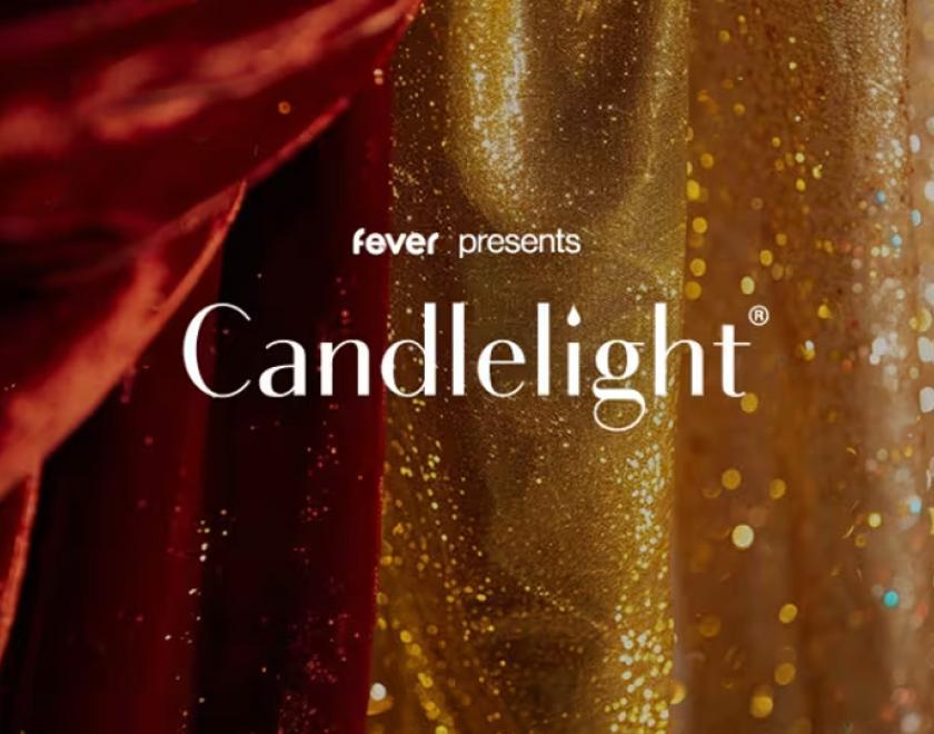 The words "fever presents Candlelight" against a backdrop of a glittery curtain