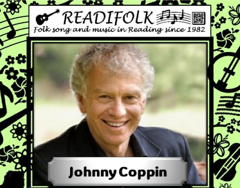 Poster advertising Den Miller at Readifolk on 12th April. In the centre is a photPoster advertising Johnny Coppin at Readifolk. In the centre is a photo of Johnny Coppin, smiling for the camera. The image is surrounded by images of musical notation and insturments against a light green background