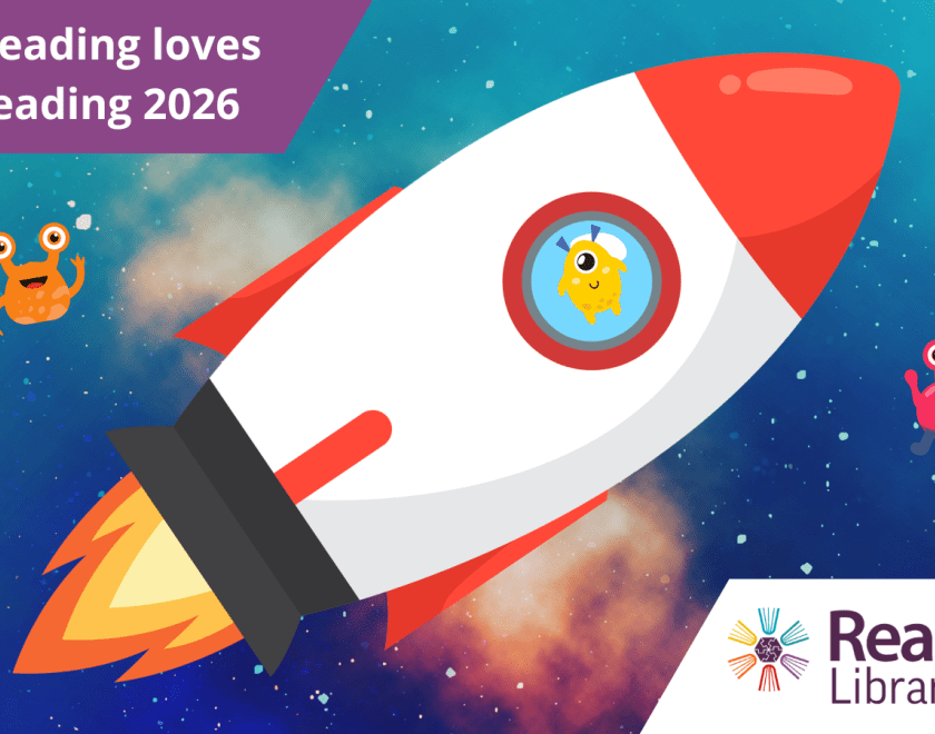 Image of a rocket soaring across the heavens with a wording 'Reading Loves Reading'.