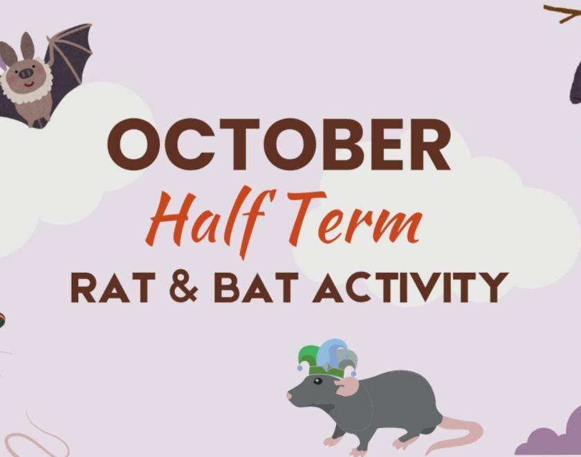 Banner image, purple background with rat and bat cartoons advertising activity during October half-term