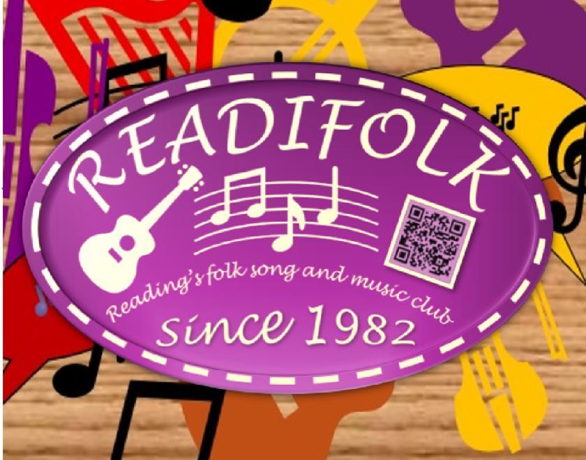Collage of images of musical instruments and musical notation on a wood-effect background. In the centre is a logo with the club name READIFOLK, an image of a guitar and some musical notes and the words "Reading's folk song and music club since 1982".
