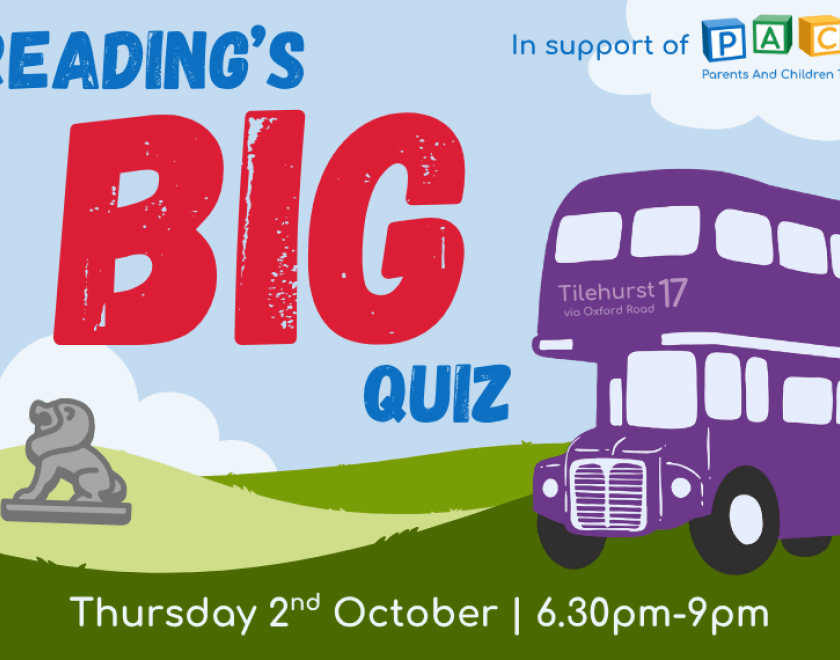 Cartoon image of a purple number 17 bus and the lion from the Forbury Gardens