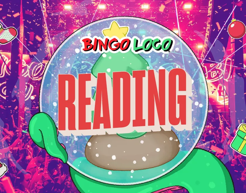 Bingo Loco logo inside an illustration of a snowglobe, surrounded by other Christmassy ephemery