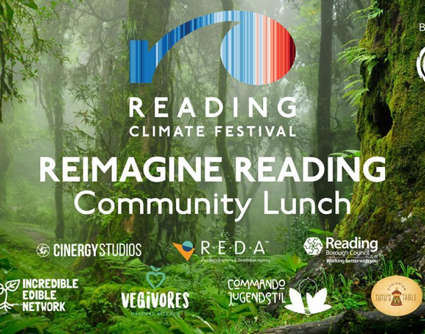 Reimagine Reading: Community Lunch poster with images of a forest