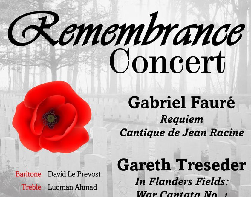 Bracknell Choral Society Remembrance Concert poster with a poppy on a grey background