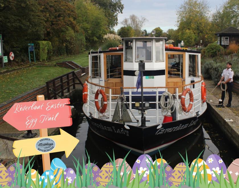 boat in a lock with crew holding the rope, clip art eggs in front