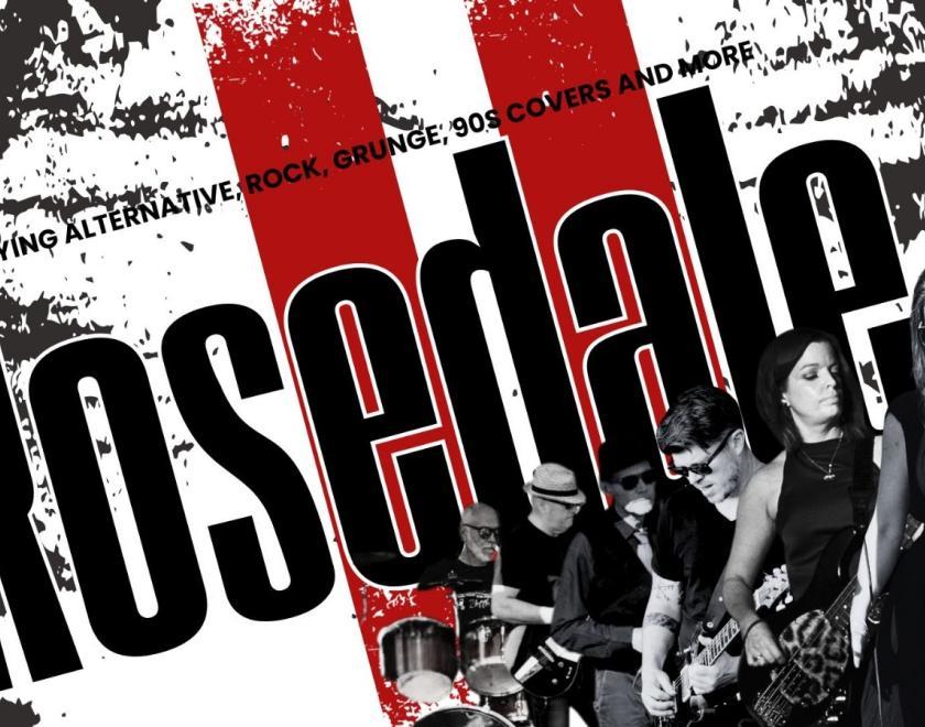 Black and white poster with a photo of the band members in front of the band logo