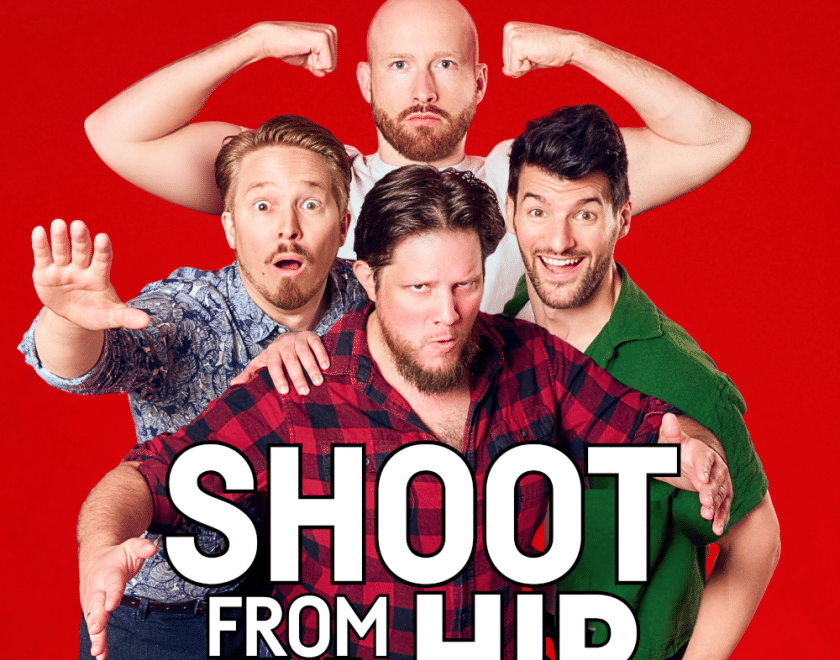 all four members in formation on a red background behind text 'shoot from the hip' 
