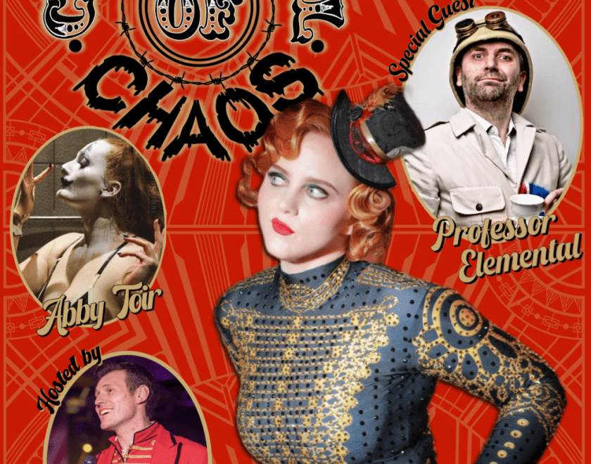 Photo of the Carnival of Chaos poster, red colours.