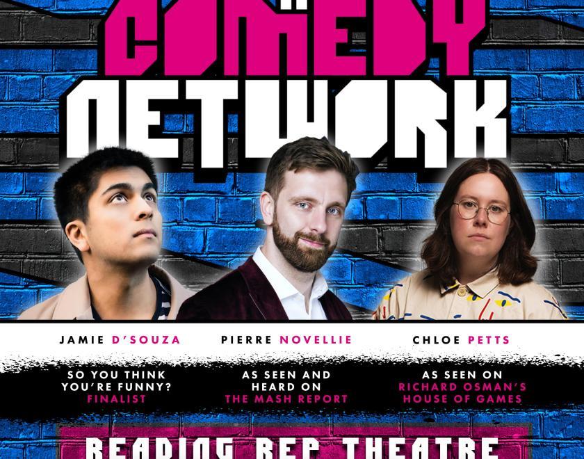 Graphic of comedian line up for December from L2R Jamie D’Souza, Pierre Novellie and Chloe Petts 