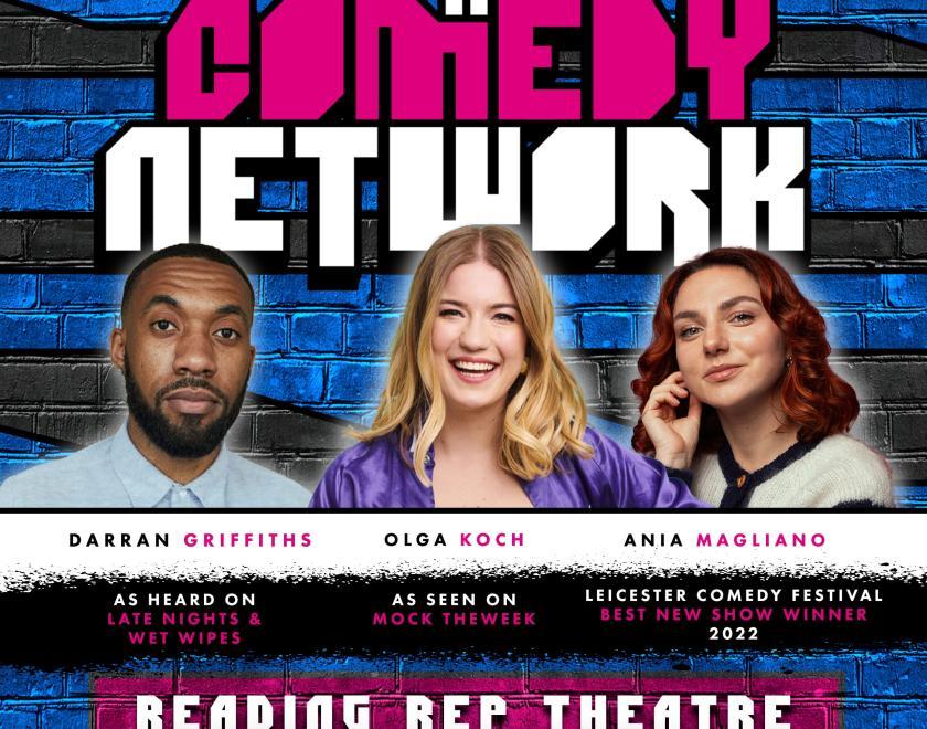The comedy network displayed in bold font, in front is the 3 comedians set to perform. The background is a blue and black stripped pattern.
