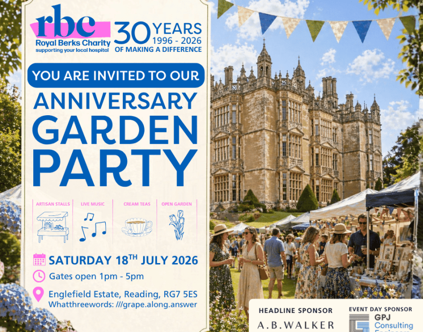 Poster for Royal Berks Charity's 30th Anniversary Garden Party with a photo of Englefield House