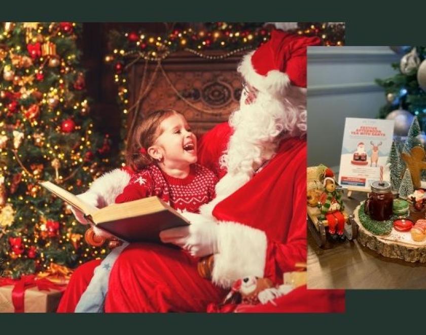 The photo shows two images. The main image is of Santa with a child on his lap. The second image shows a festive afternoon tea.