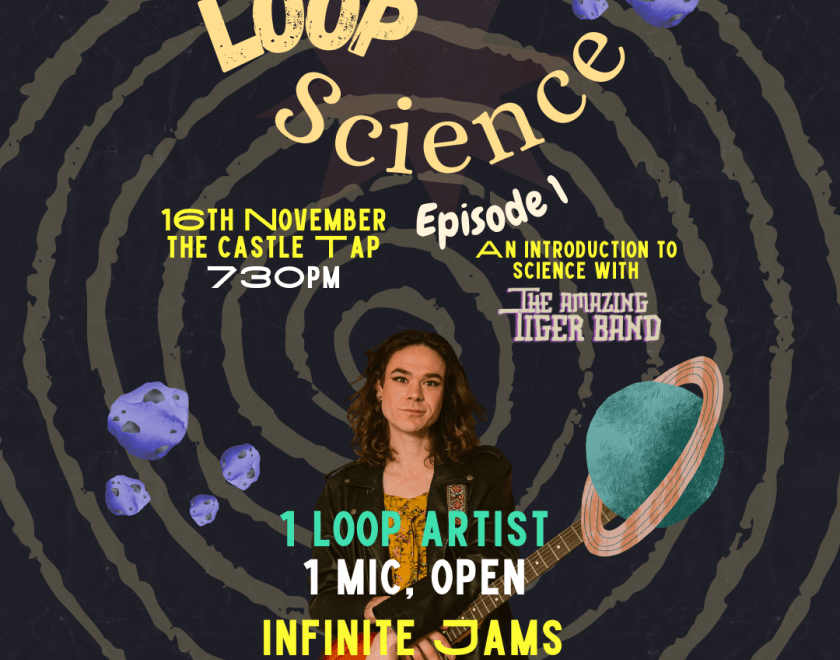 A black poster depicts a spiral overlaid with planets and asteroids and a musician stands bottom centre