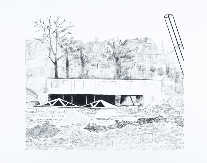 pencil drawing of estate building and trees