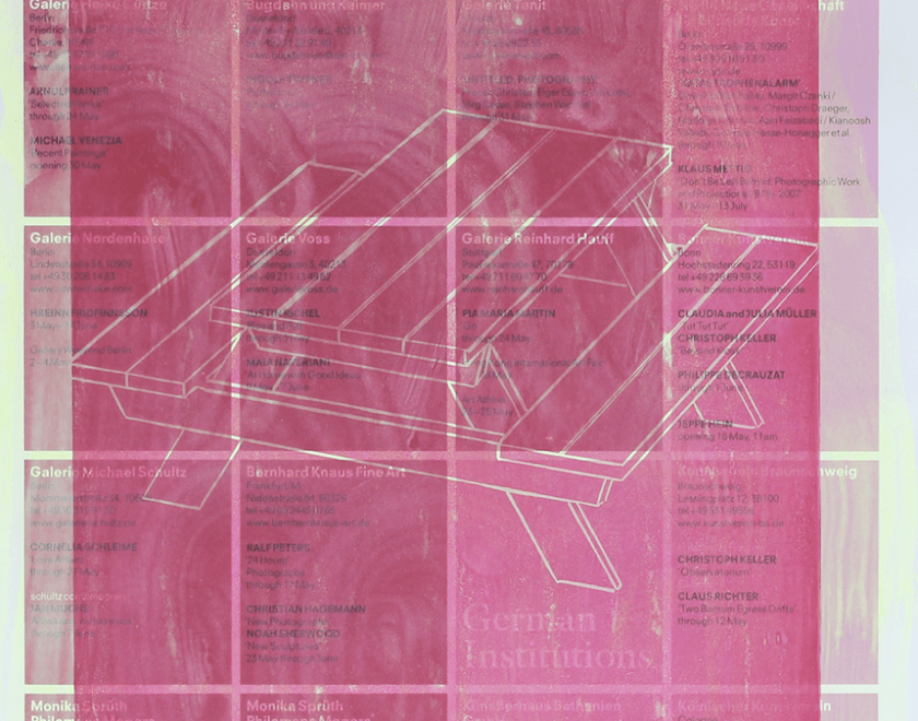 pink screen print of a bench over gallery leaflet