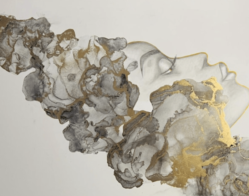 pencil drawing of face with gold detail