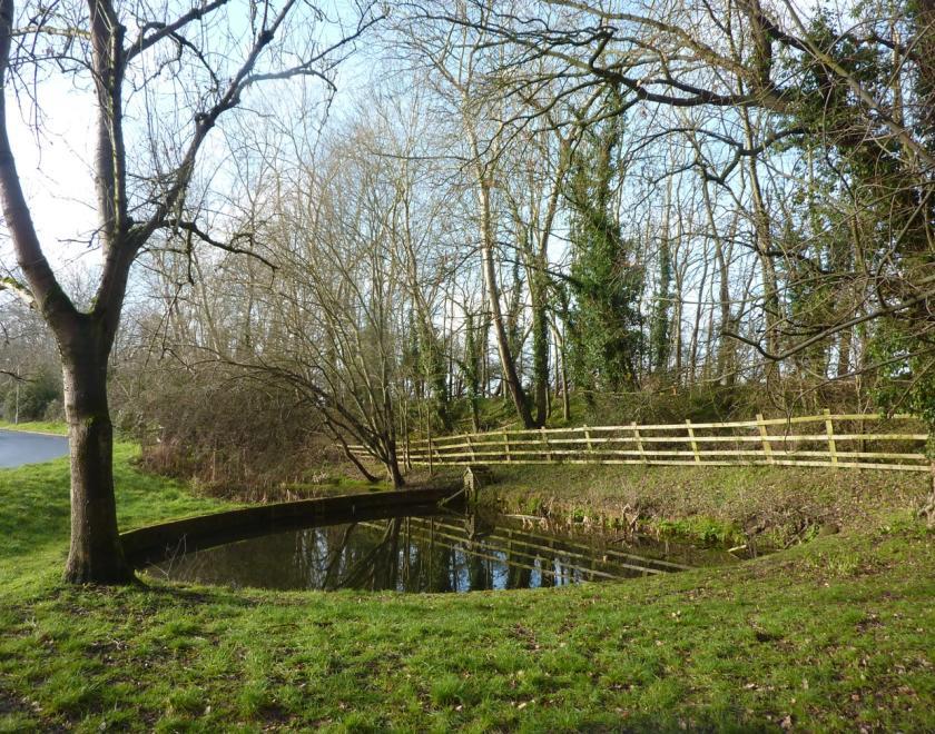 field with fence and pond