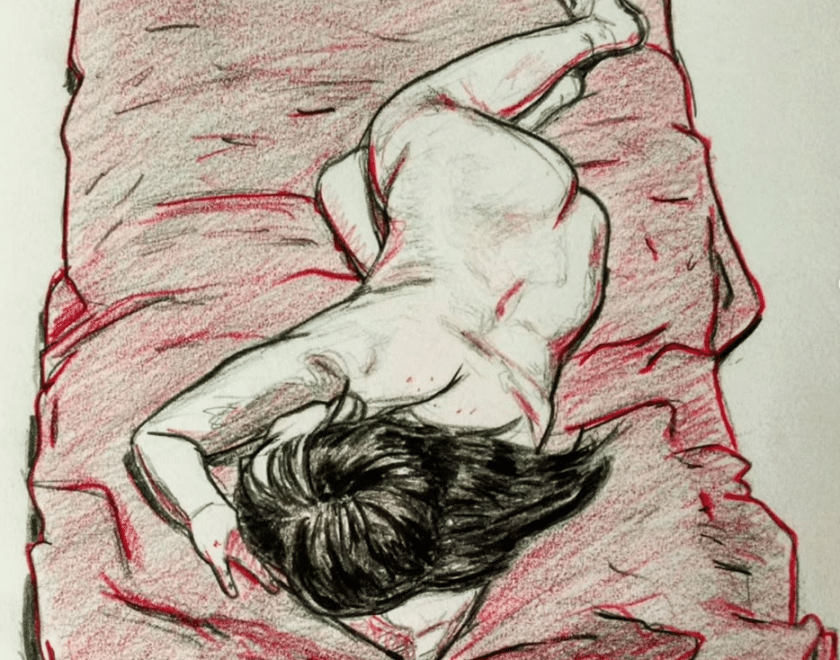 Pencil drawing of nude woman on red blanket