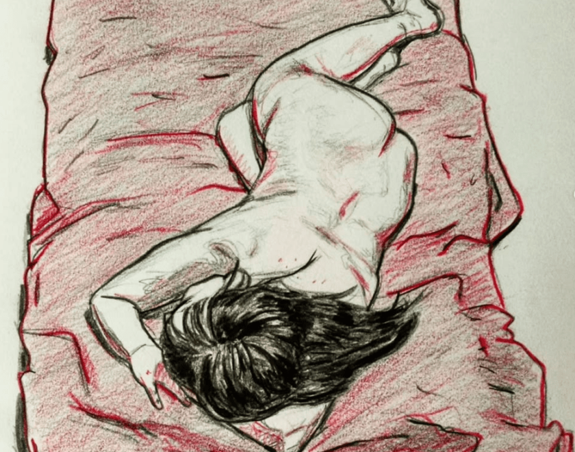 Pencil drawing of nude woman on red blanket