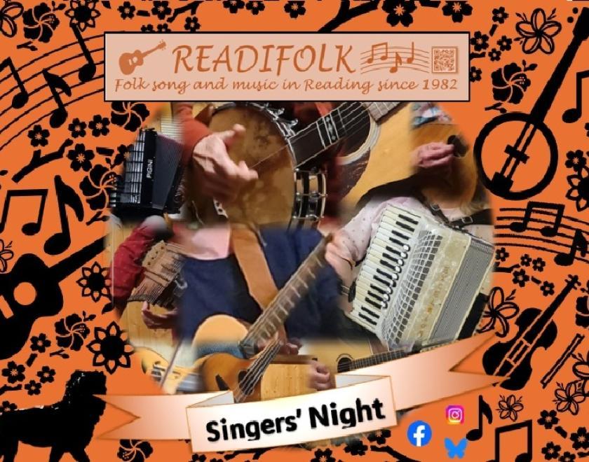 Image advertising Readifolk Singers' Nights. At the centre of the image is a collage of photos of musical instruments being played. The image is surrounded by shapes of musical notation, musical instruments and Reading's Maiwand Lion.
