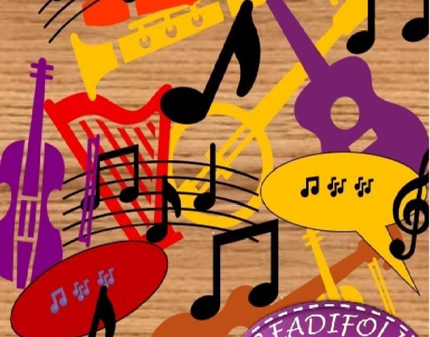 Collage of images of musical instruments and musical notation against a wood-effect background. In the bottom right hand corner is a badge with the club name "READIFOLK", images of a guitar and musical notes and the words "Folk song and music in Reading since 1982".