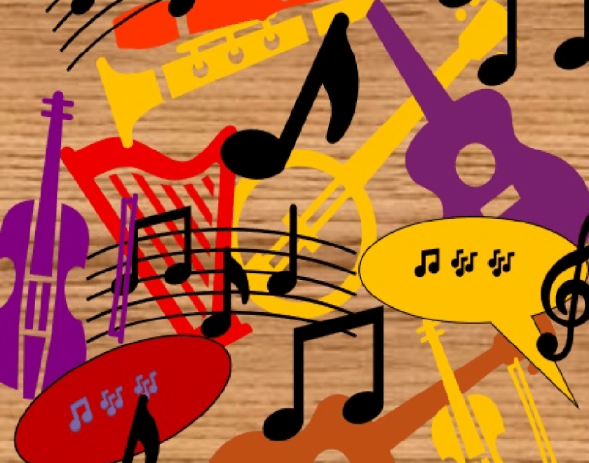 Image of shapes of musical instruments - guitars, recorder, banjo, fiddle and harp, with musical speech bubbles and images of music notes