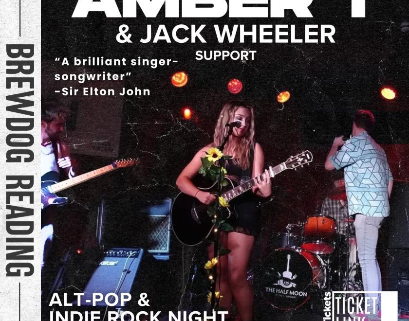 Poster for event, showing Amber T playing guitar and signing. With text advertising the event around her.