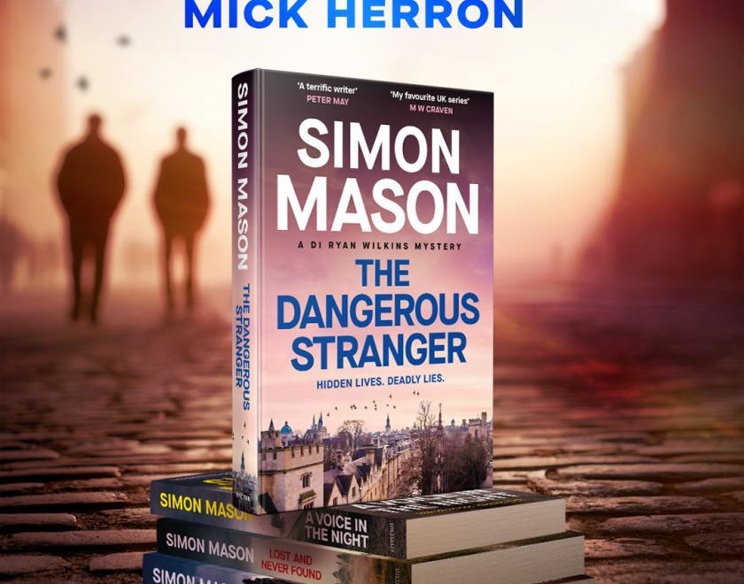 Picture of the Simon Mason book The Dangerous Stranger. The book is standing on top of a pile of the the same book