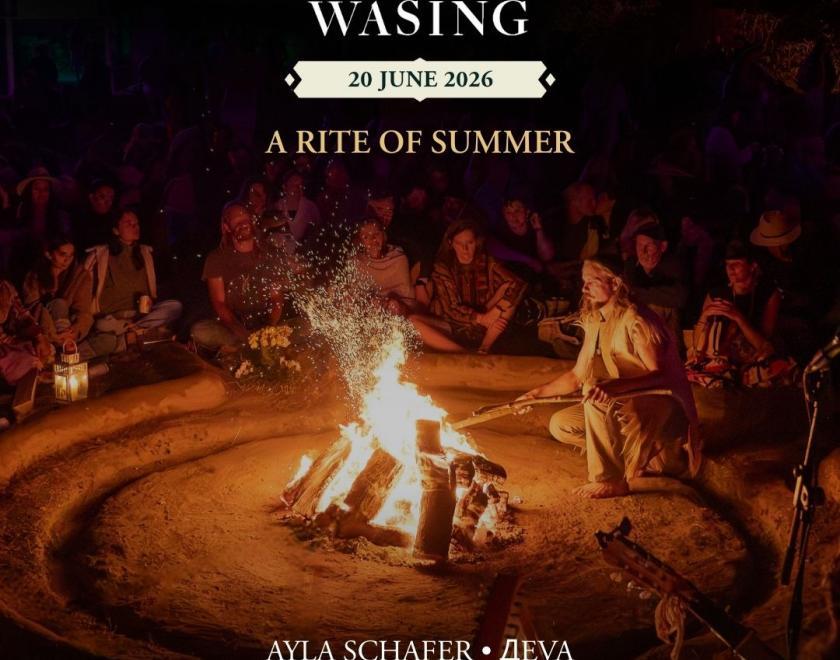 Poster showing people around a campfire and information about the event