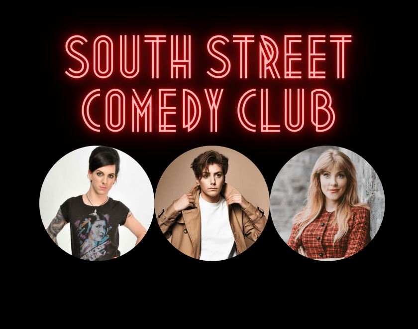South Street Comedy Club logo, with circular images of comedians Andrew O'Neill, Sarah Keyworth and Aideen McQueen