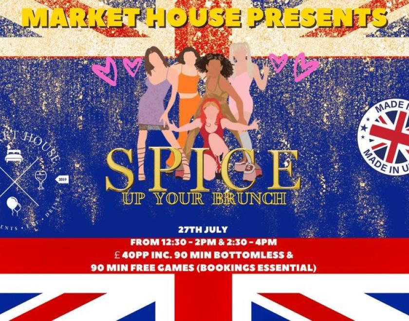 england flags as a background, a made in the uk sticker and drawings on the spice girls.