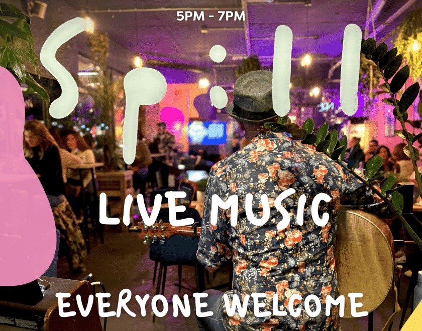 A picture of a musician playing the guitar at the venue and people watching and enjoying with information overlayed about the event