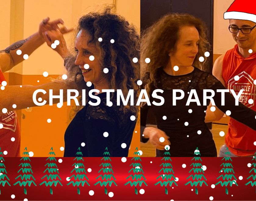 Picture of two West Coast Swing dancers with a Christmas theme